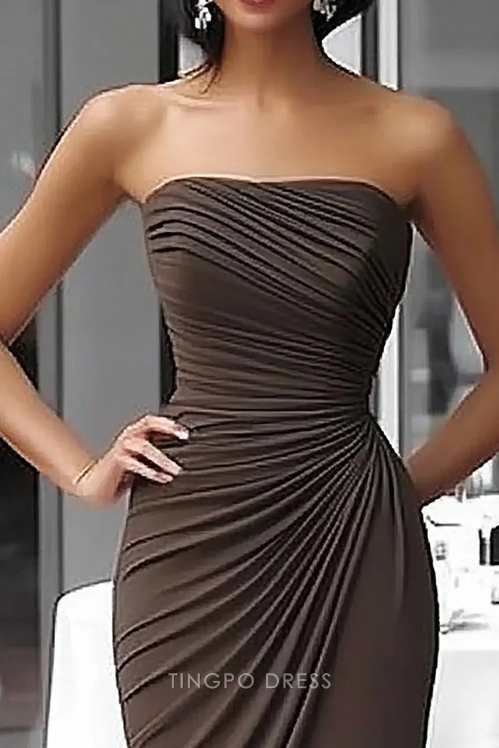 Elegant Strapless Draped Mermaid Floor-Length Maxi Dress Prom Dress